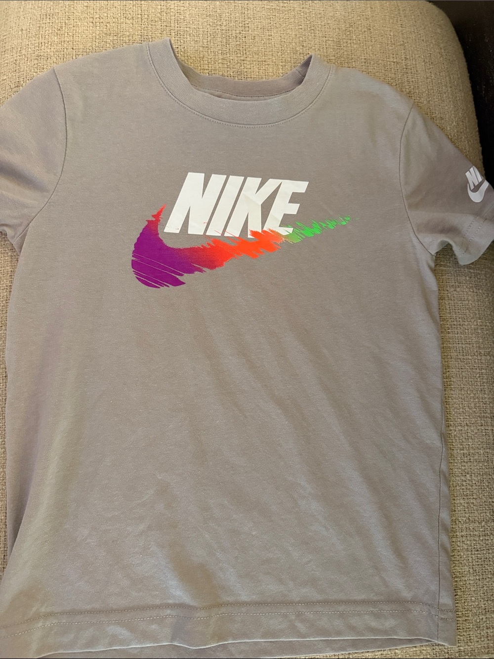 Nike Gray Short Sleeve Tee with White Logo and Multicolor Swoosh
